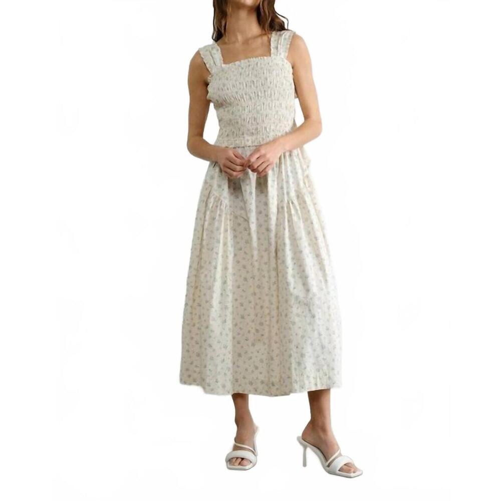 NEW CREAMON margot retro bow tie back smocked midi dress in beige